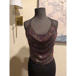 Chocolate Womens XL Rainbow Glitter Halter Top Cowl Neck Metallic Sparkle Party